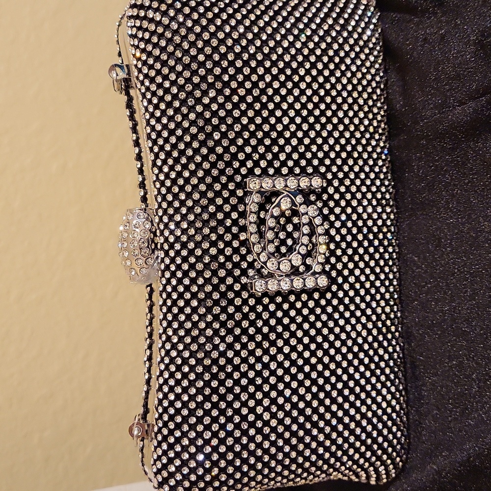Bebe "Dianna" Black and Silver Rhinestone Embellished  Hardshell Clutch W/Chain